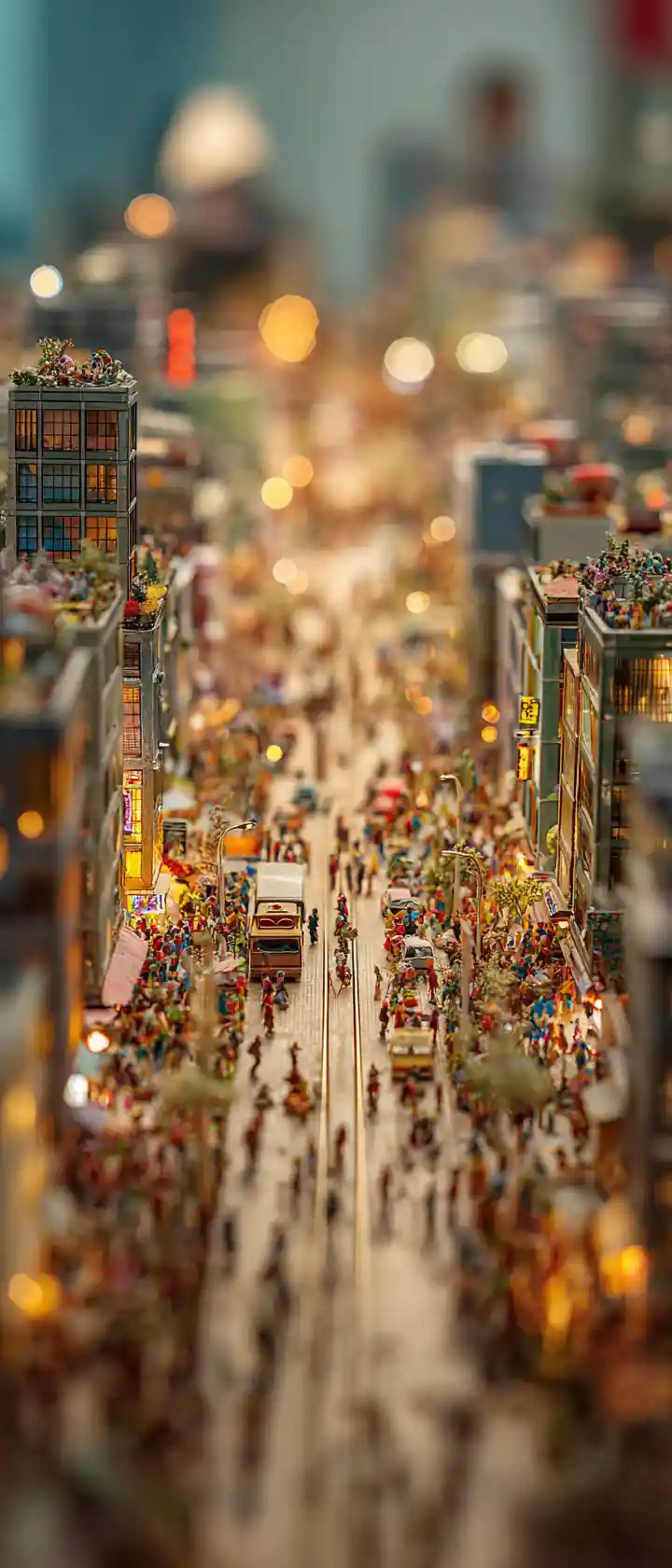 Rua de cidade em feltro em miniatura com pessoas e carros minúsculos