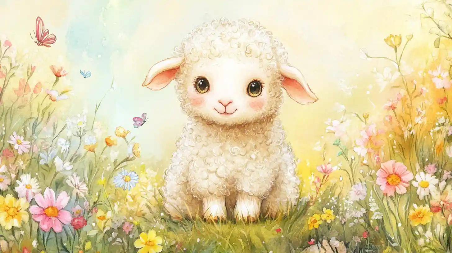 Watercolor baby lamb in a sunny wildflower meadow