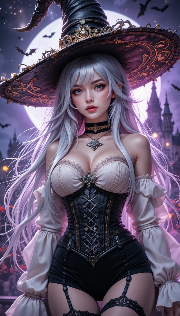 Silver haired gothic witch under the moonlit castle sky