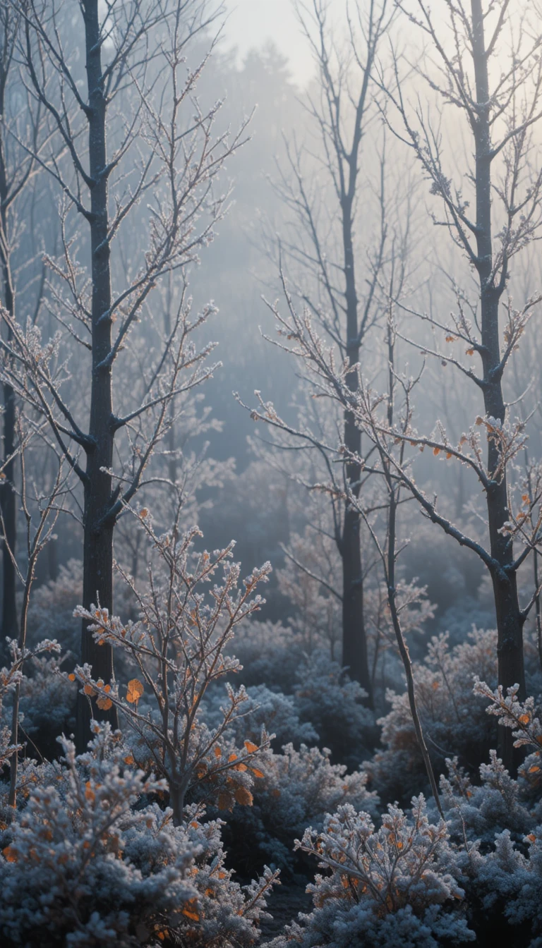 Giovane foresta coperta di brina che brilla nella soffice luce del mattino