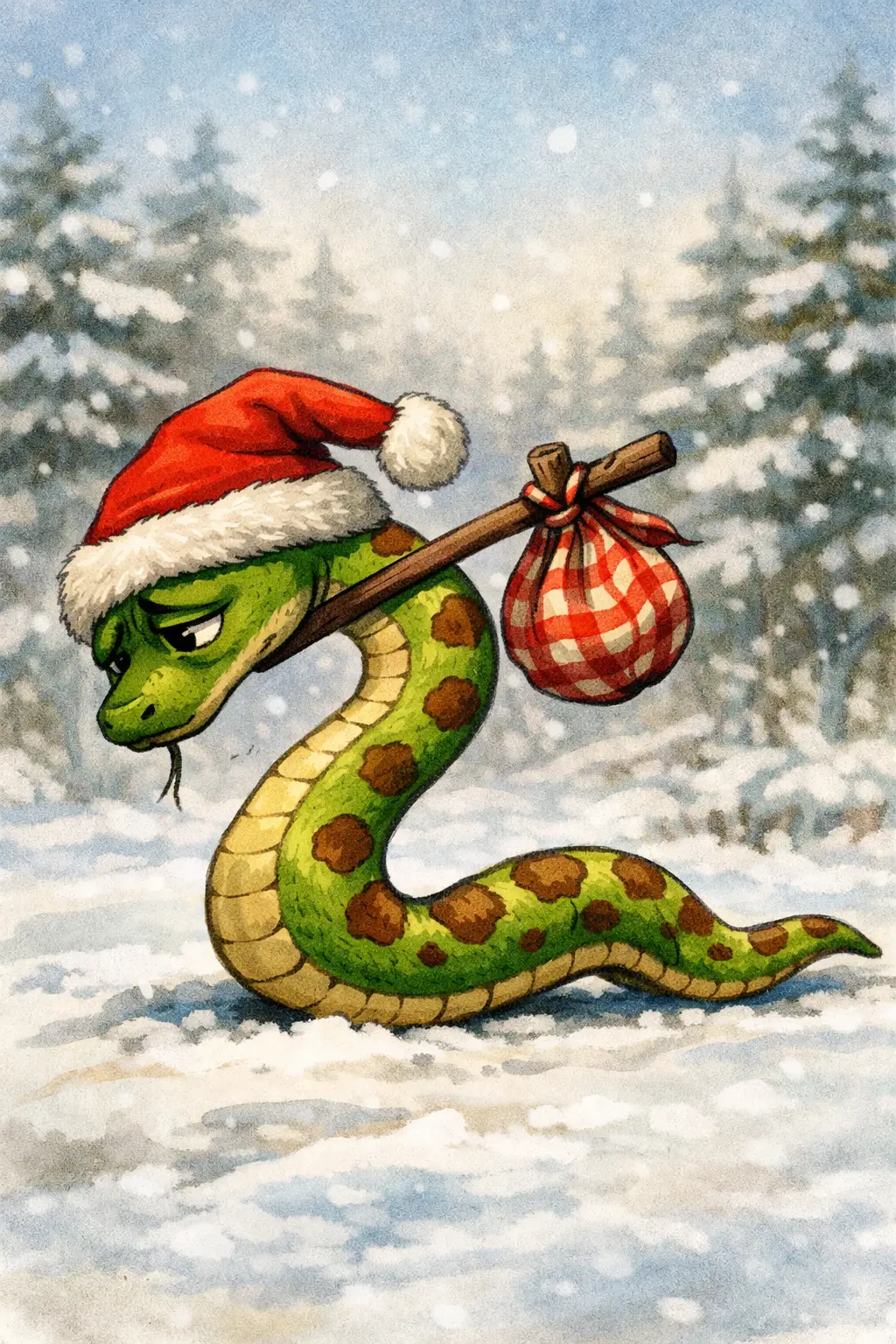 戴著聖誕帽的憂鬱綠色蛇在雪地森林中