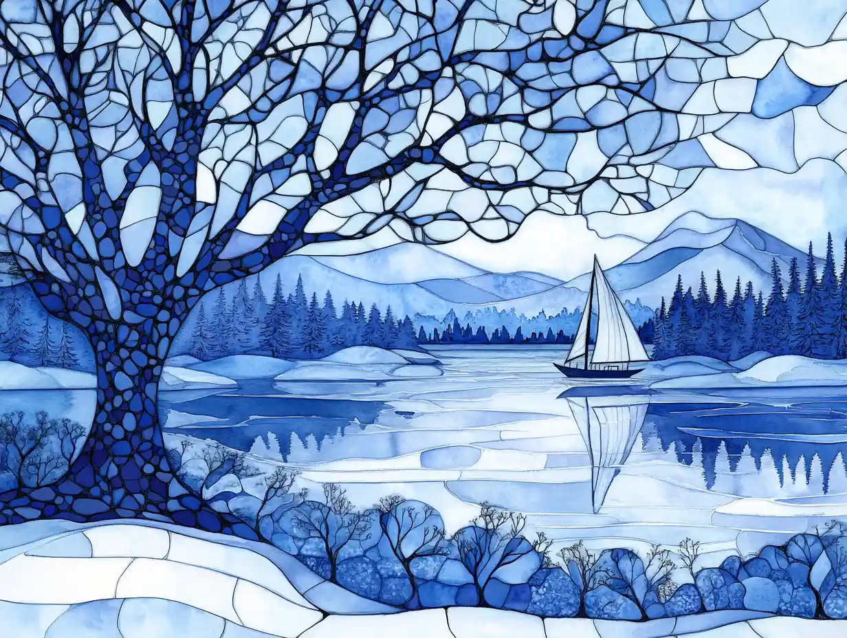 Paesaggio invernale ghiacciato in acquerello blu in stile vetrata