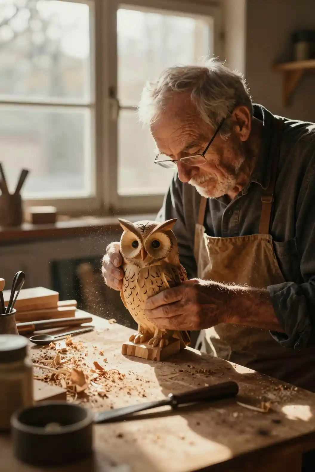 Älterer Schreiner schnitzt eine Eule aus Holz im warmen Sonnenlicht