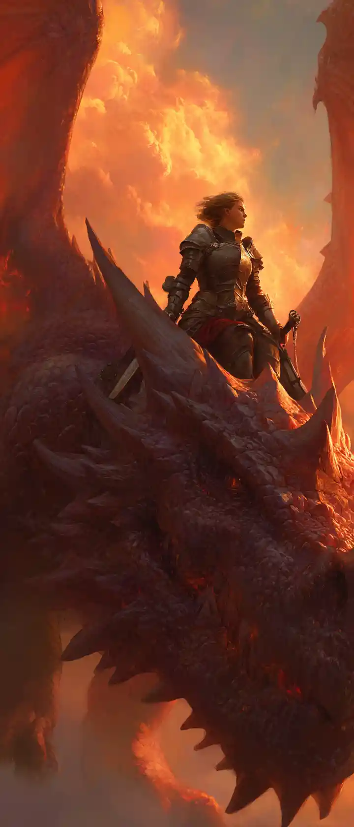 Gepanzerter Held reitet einen Drachen am feurigen Fantasiehimmel