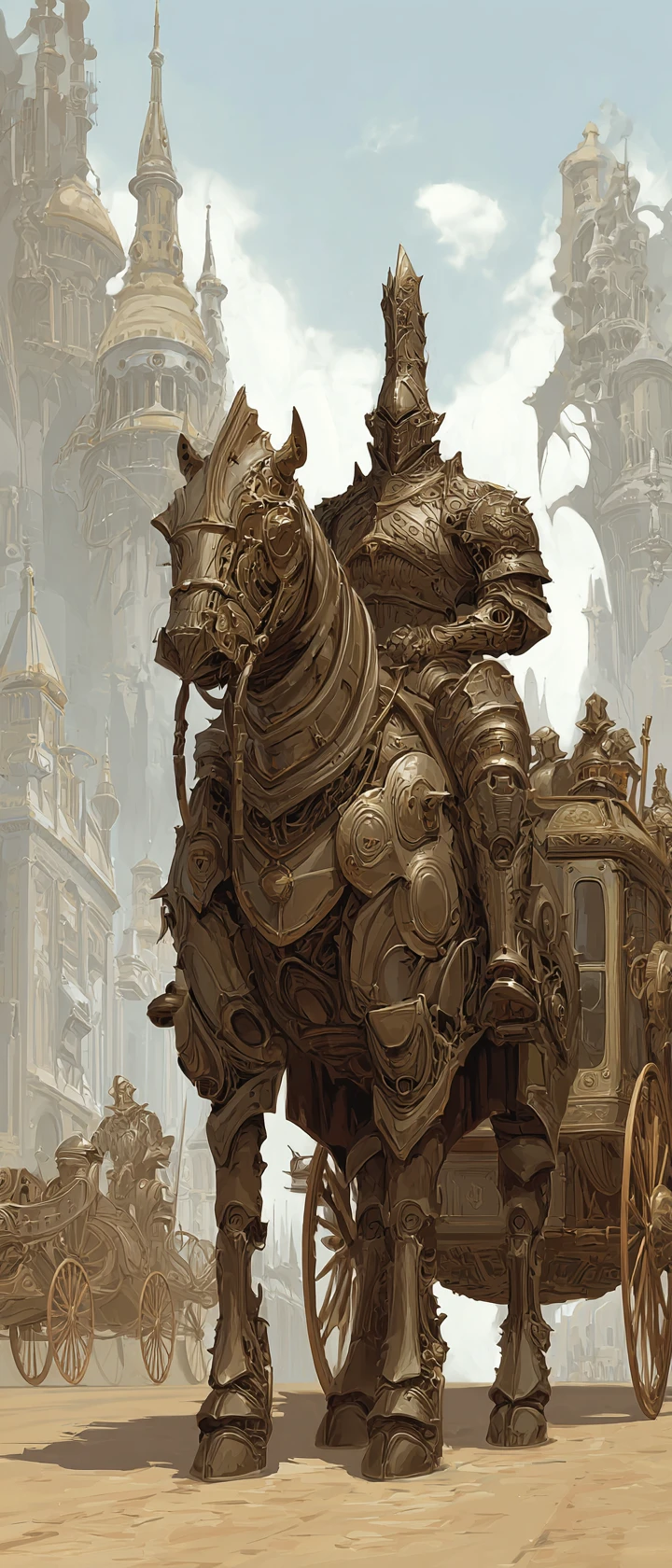 Majestätischer Steampunk-Ritter auf einem glänzenden mechanischen Ross