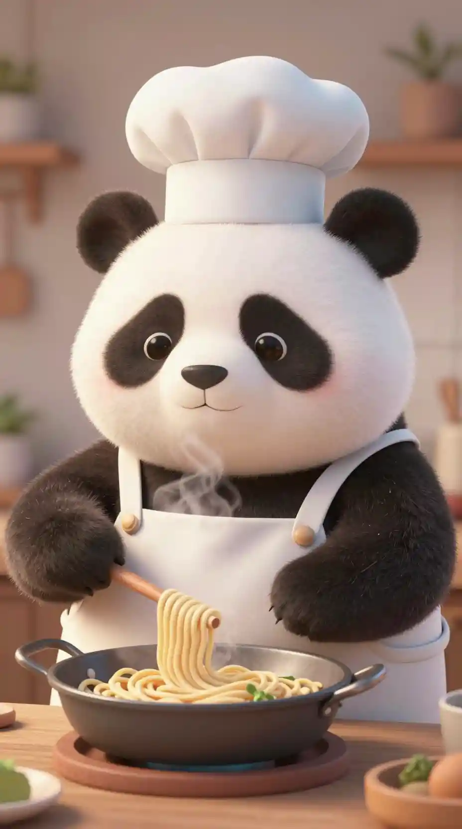Dolce panda chef 3D che cucina noodles in una cucina accogliente