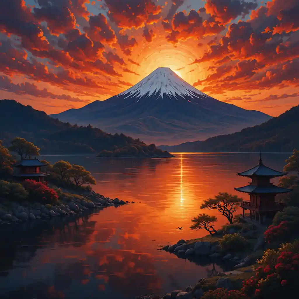 Sunset over Mt Fuji reflected in a tranquil mountain lake