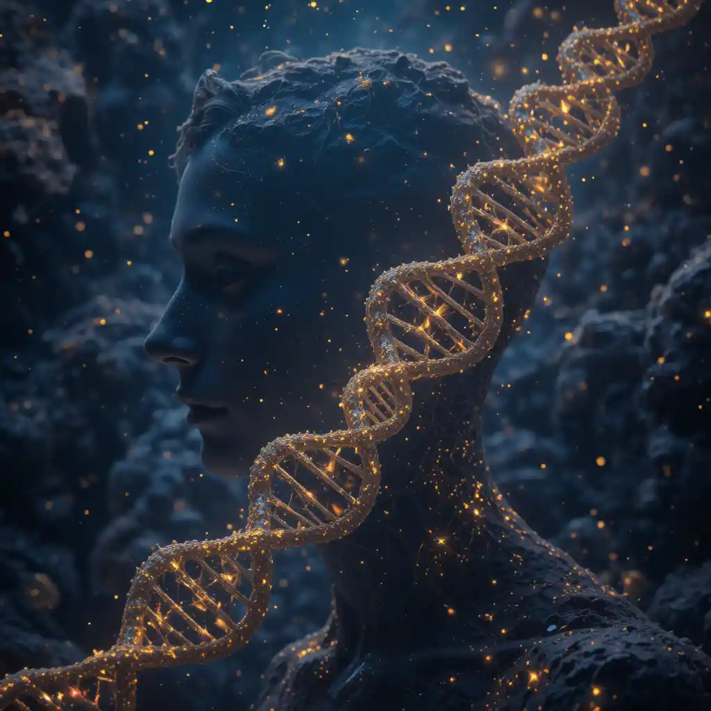 Goldene humanoide DNA-Figur in einer tiefen kosmischen Galaxie