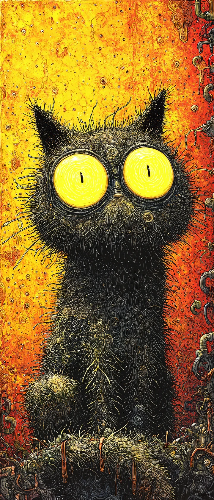Gato preto de anime triste com olhos amarelos brilhantes no piche
