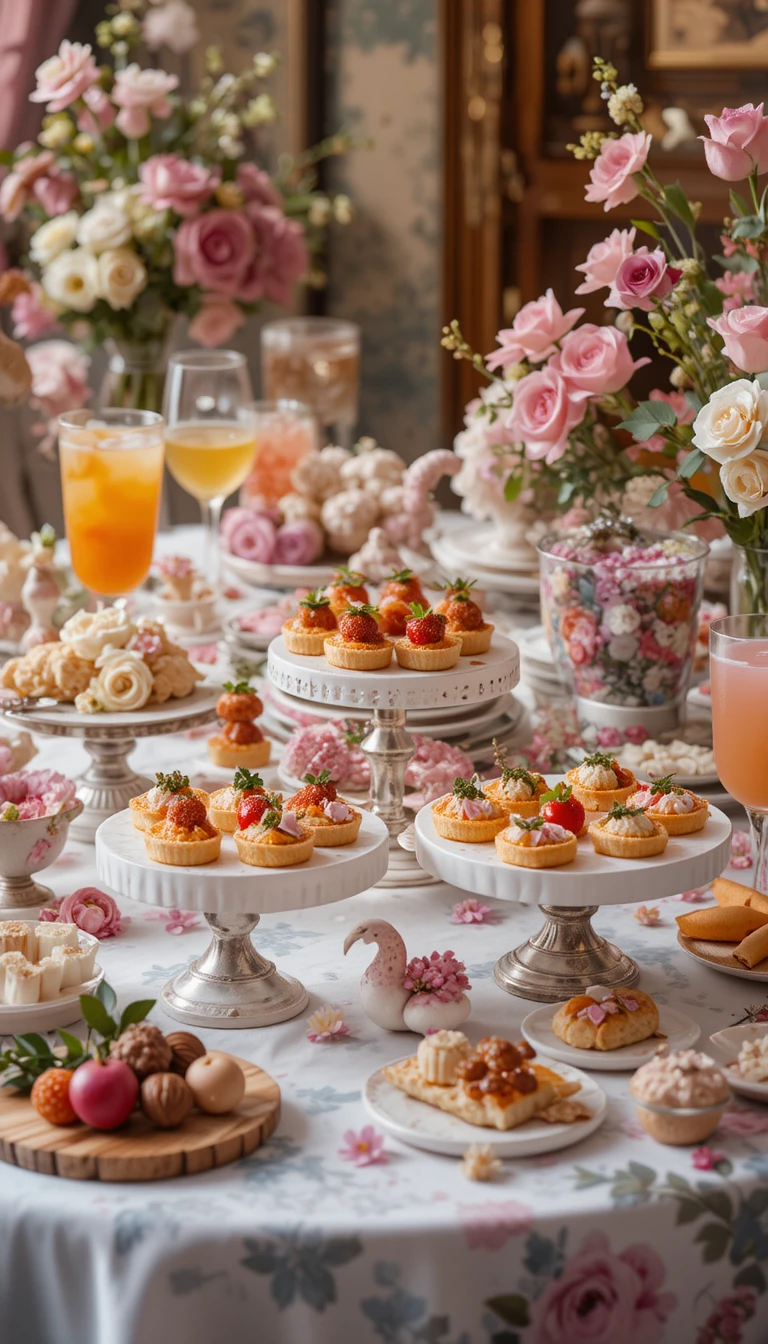 Mesa de buffet floral con canapés, mocktails y dulces
