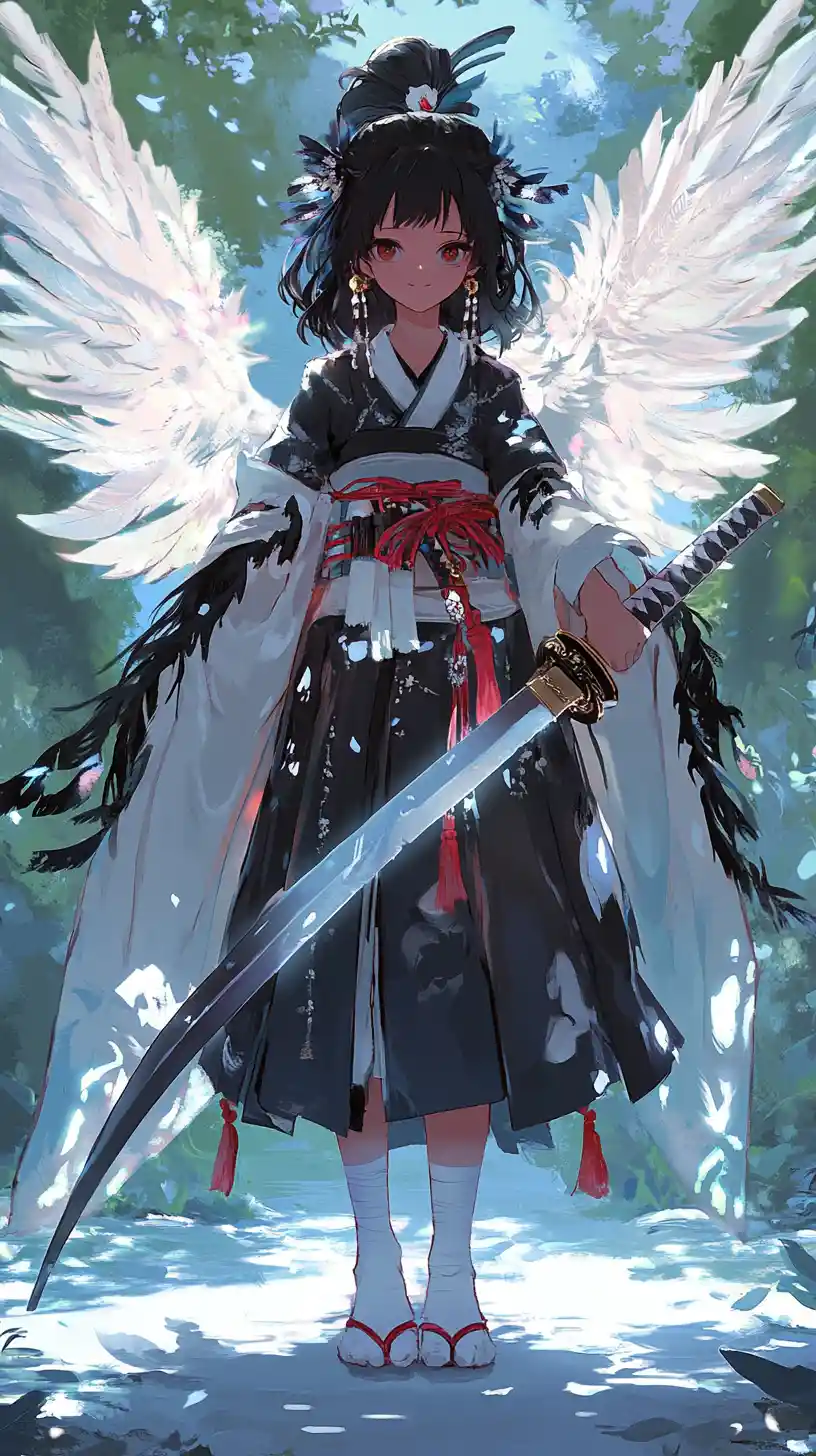 Anime girl with katana under glowing crystal garden