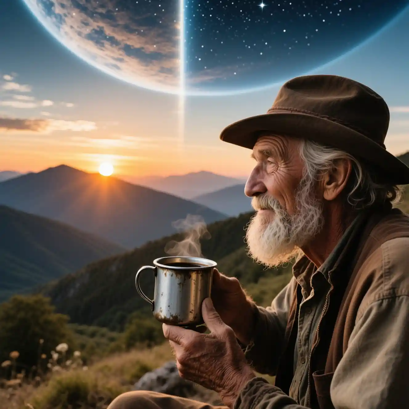 Viejo montañés bebiendo café al amanecer en las montañas