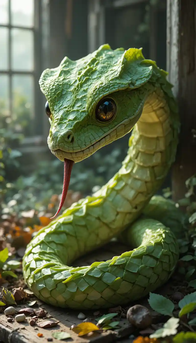 Scultura di testa di serpente con foglie verdi su banco da lavoro in legno rustico