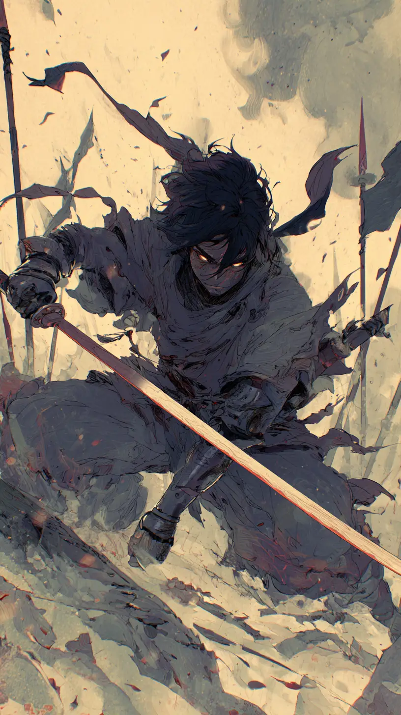 Guerrier d’anime solitaire avec épée sur un champ de bataille en ruines