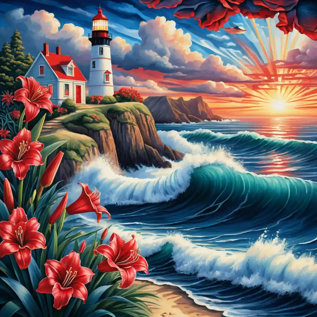 Phare surréaliste au-dessus des vagues d’été aux couleurs vives