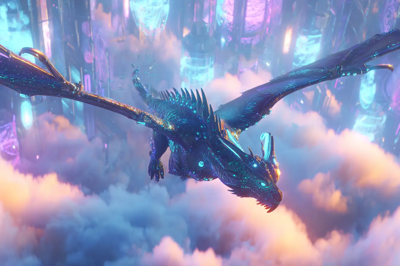 Cybernetic dragon soaring above neon futuristic city