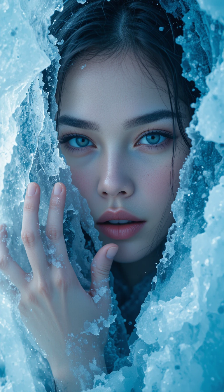 Femme sous la glace d’hiver fissurée en gros plan émotionnel