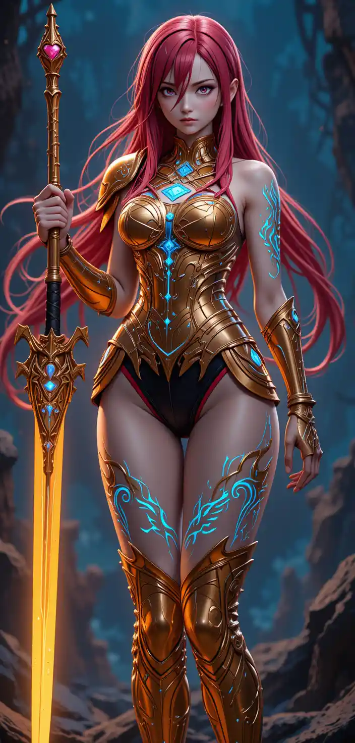 Anime warrior woman with flaming armor and greatsword