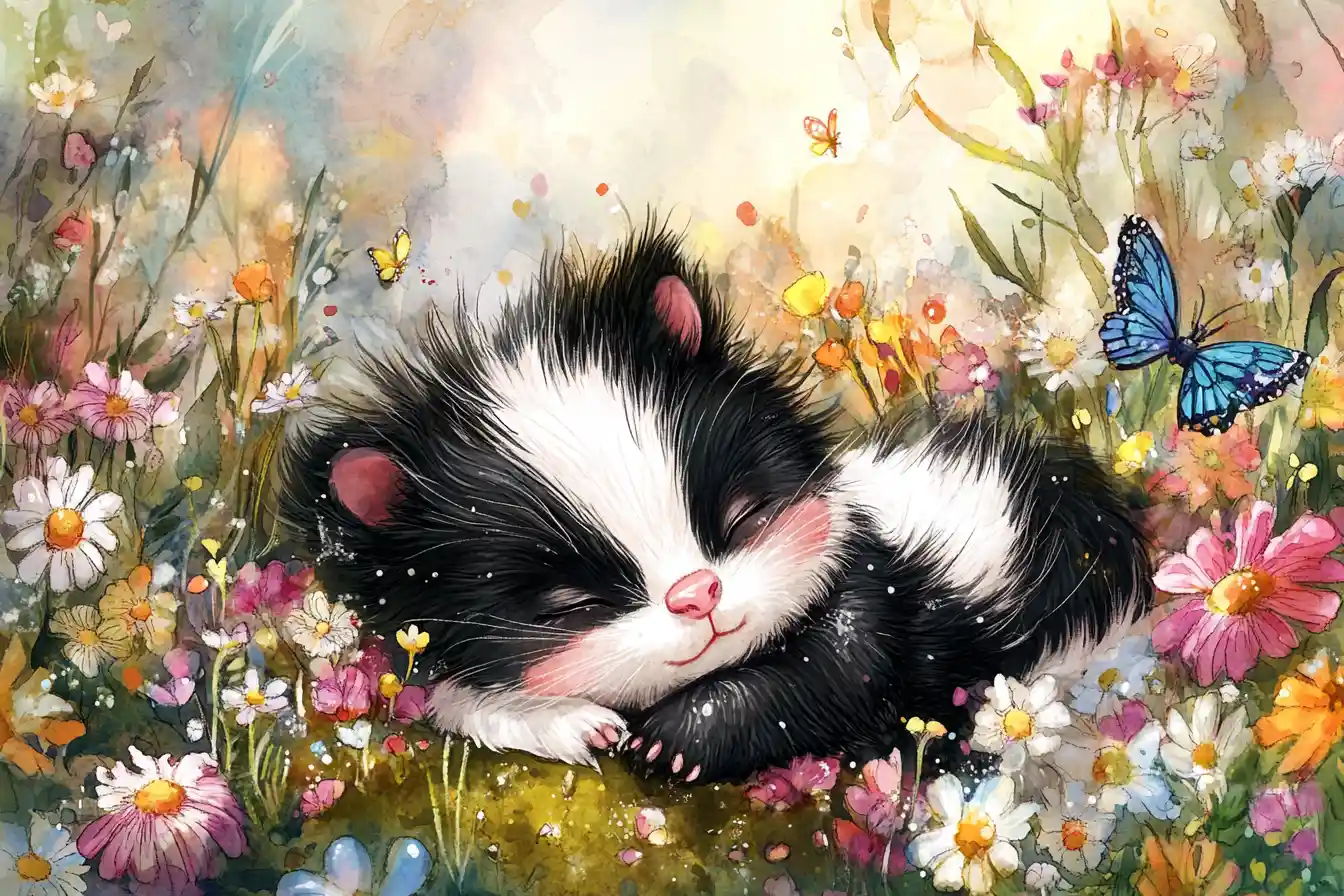 Pummeliger Baby-Stinktier in einer sonnigen Aquarellwiese