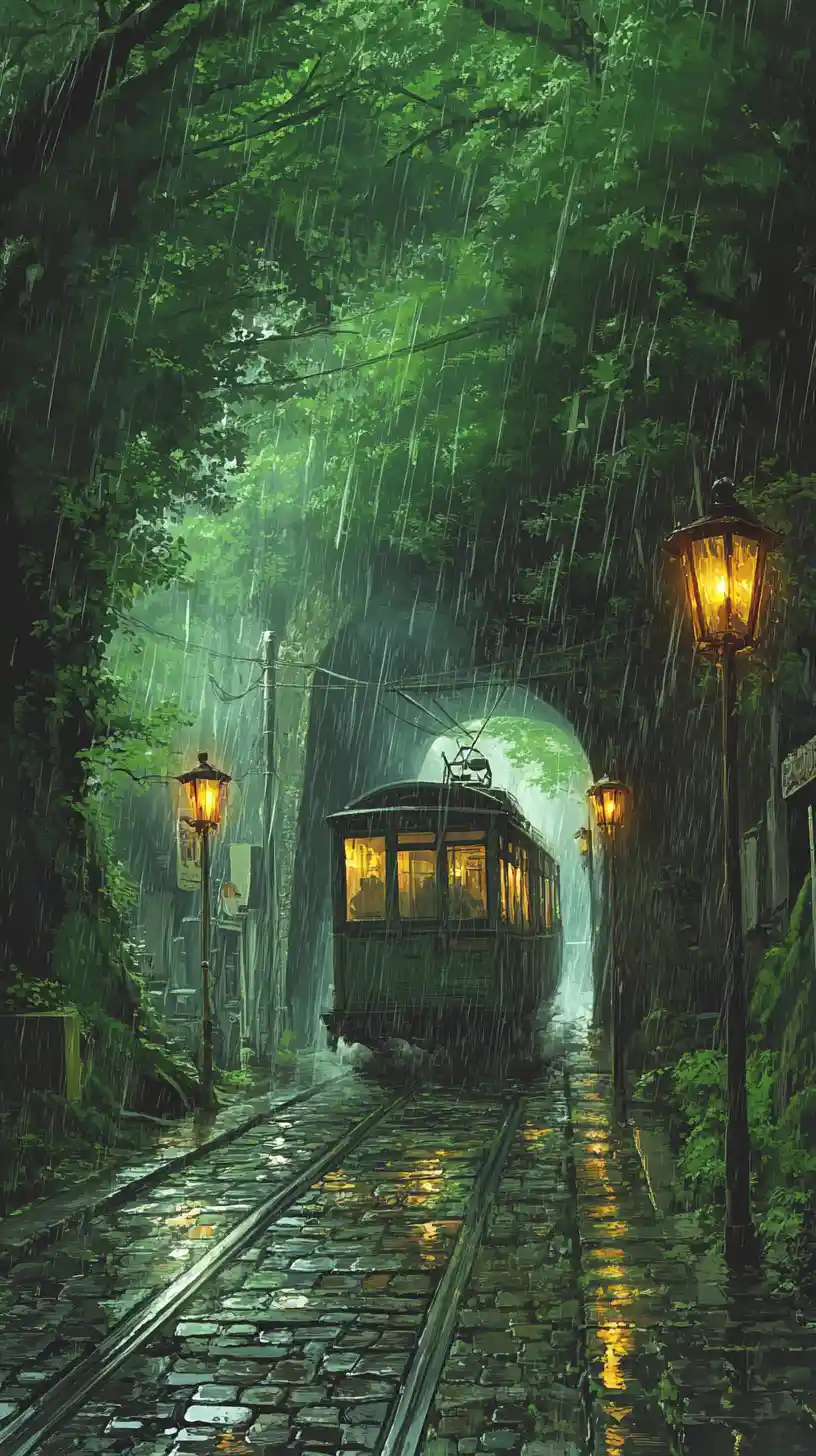 雨中森林公路上從隧道駛出的老舊巴士