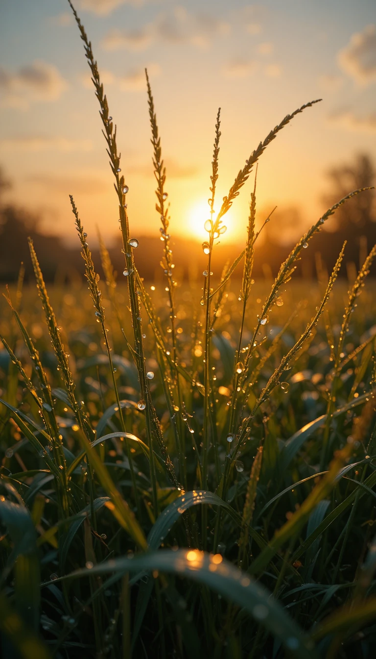 Tau­bedeckte Grashalme im warmen Licht des Sonnenuntergangs