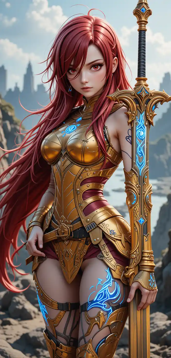 Anime warrior woman with flaming armor and glowing sigils