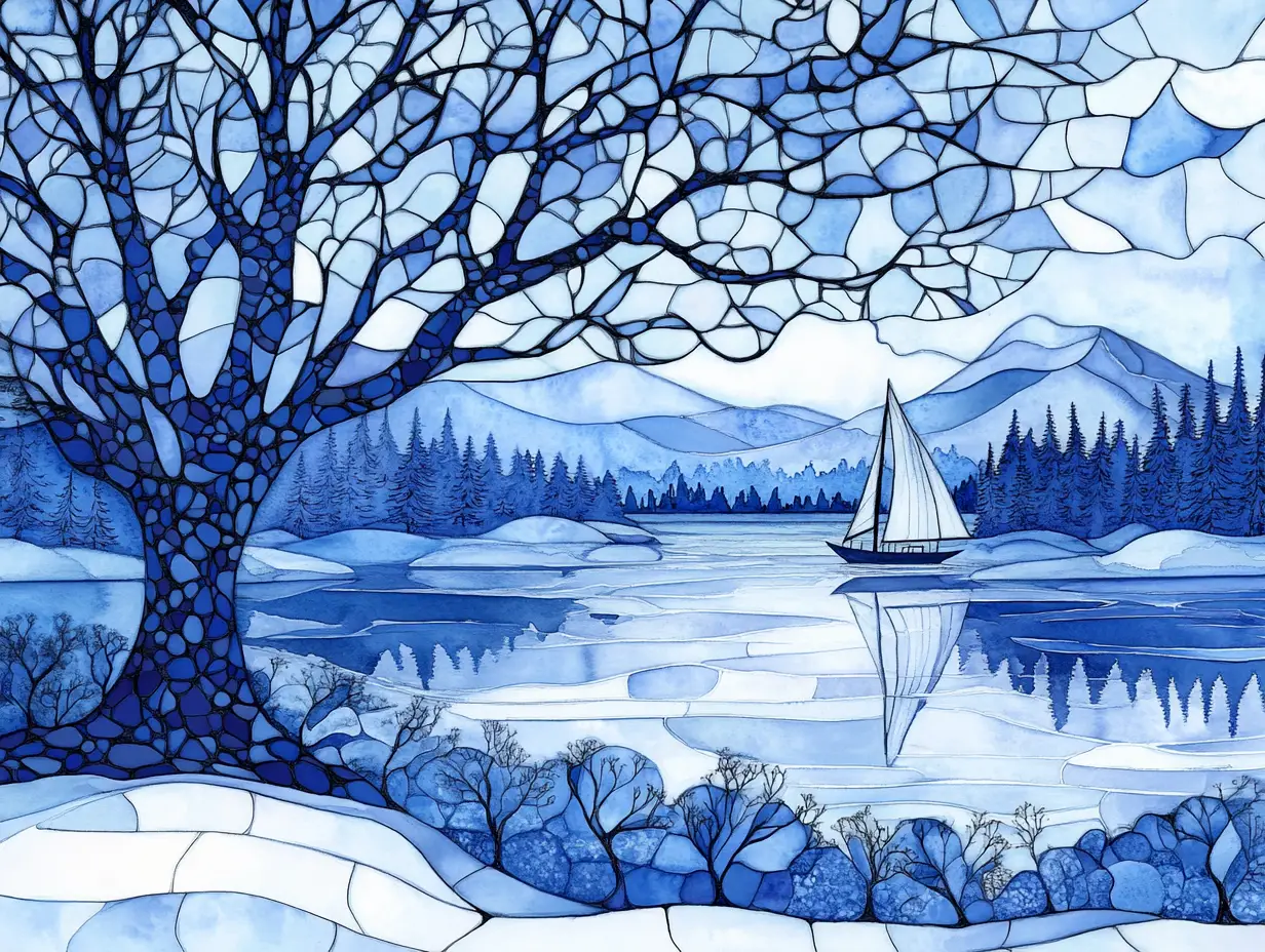 Paesaggio invernale ghiacciato in acquerello blu in stile vetrata