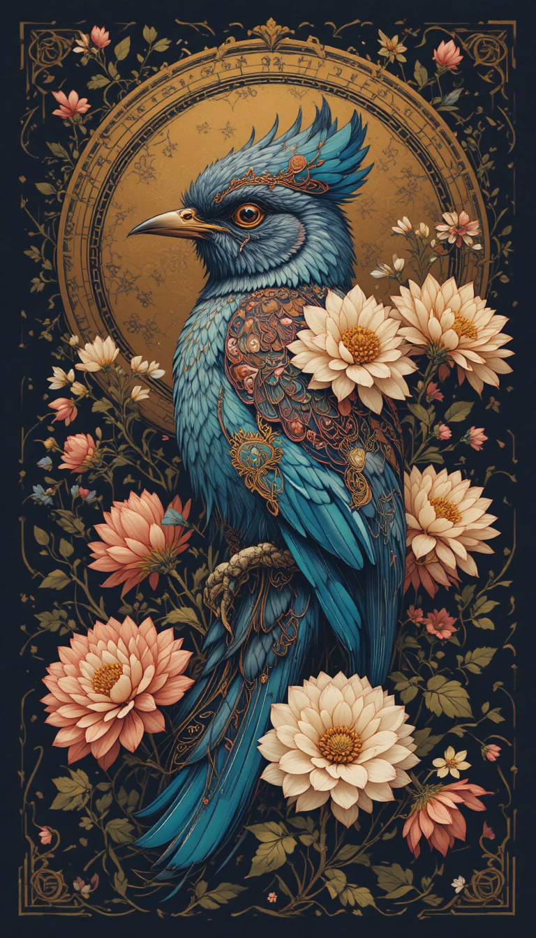 Ilustração neotradicional de pássaro adornado com flores delicadas