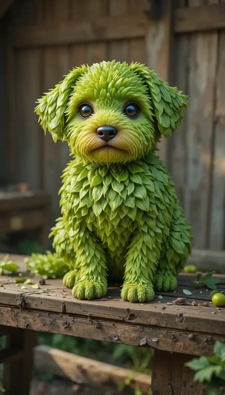 Leafy puppy sculpture made of green lettuce on workbench