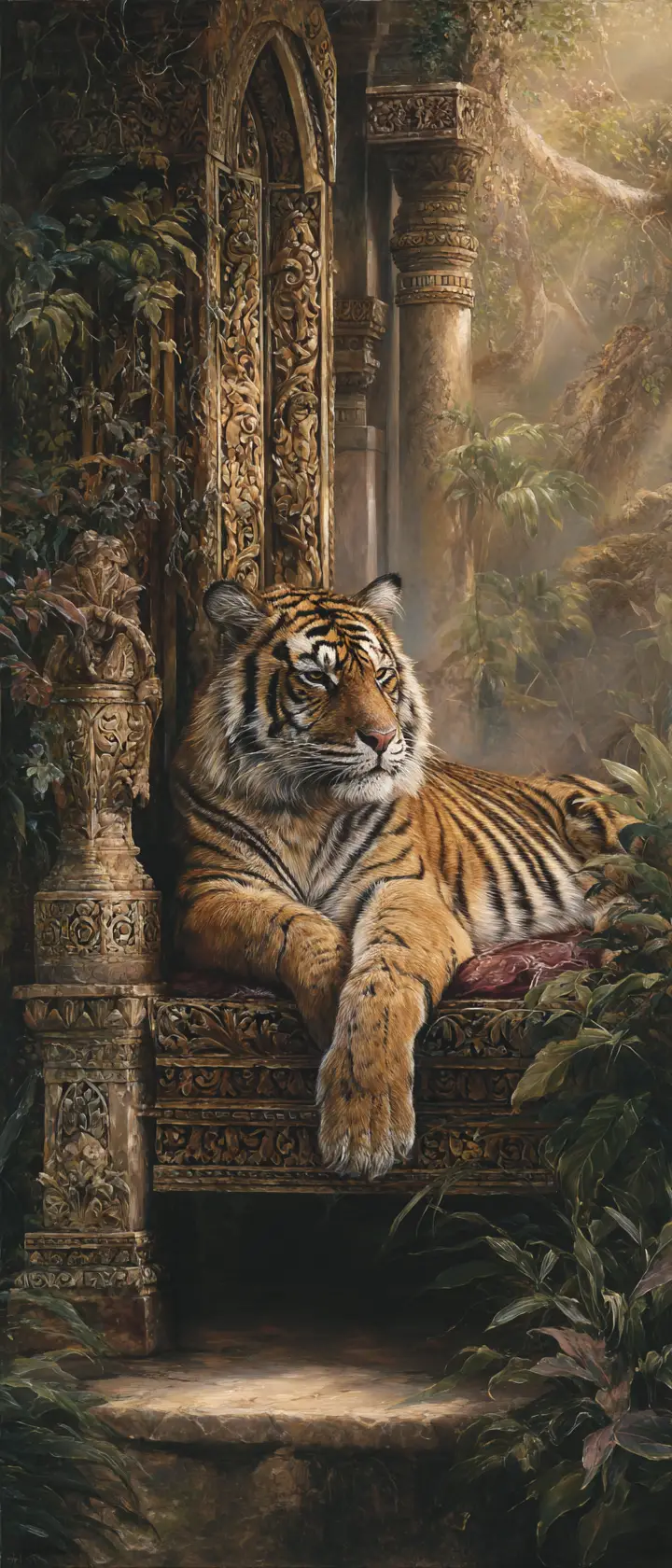 Maestosa tigre che riposa su un trono intagliato nel tempio