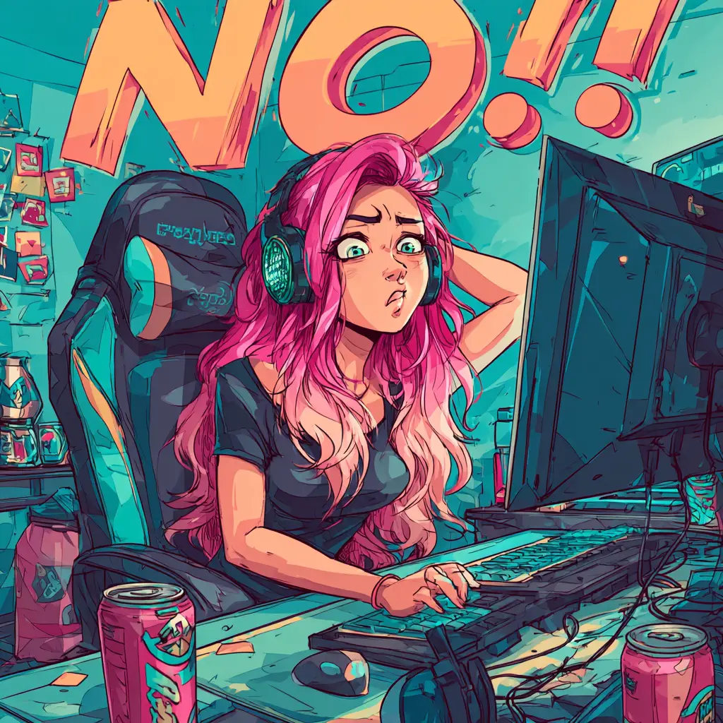 カラフルなゲーミング環境でリアクションするアニメ風ゲーマー女子