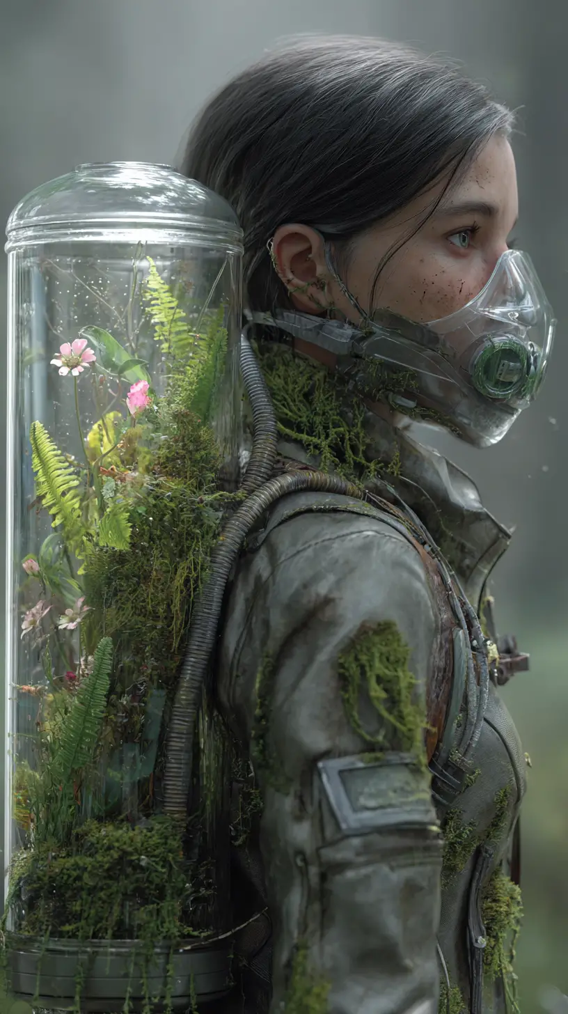 Femme portant un terrarium vivant dans une ville en ruines