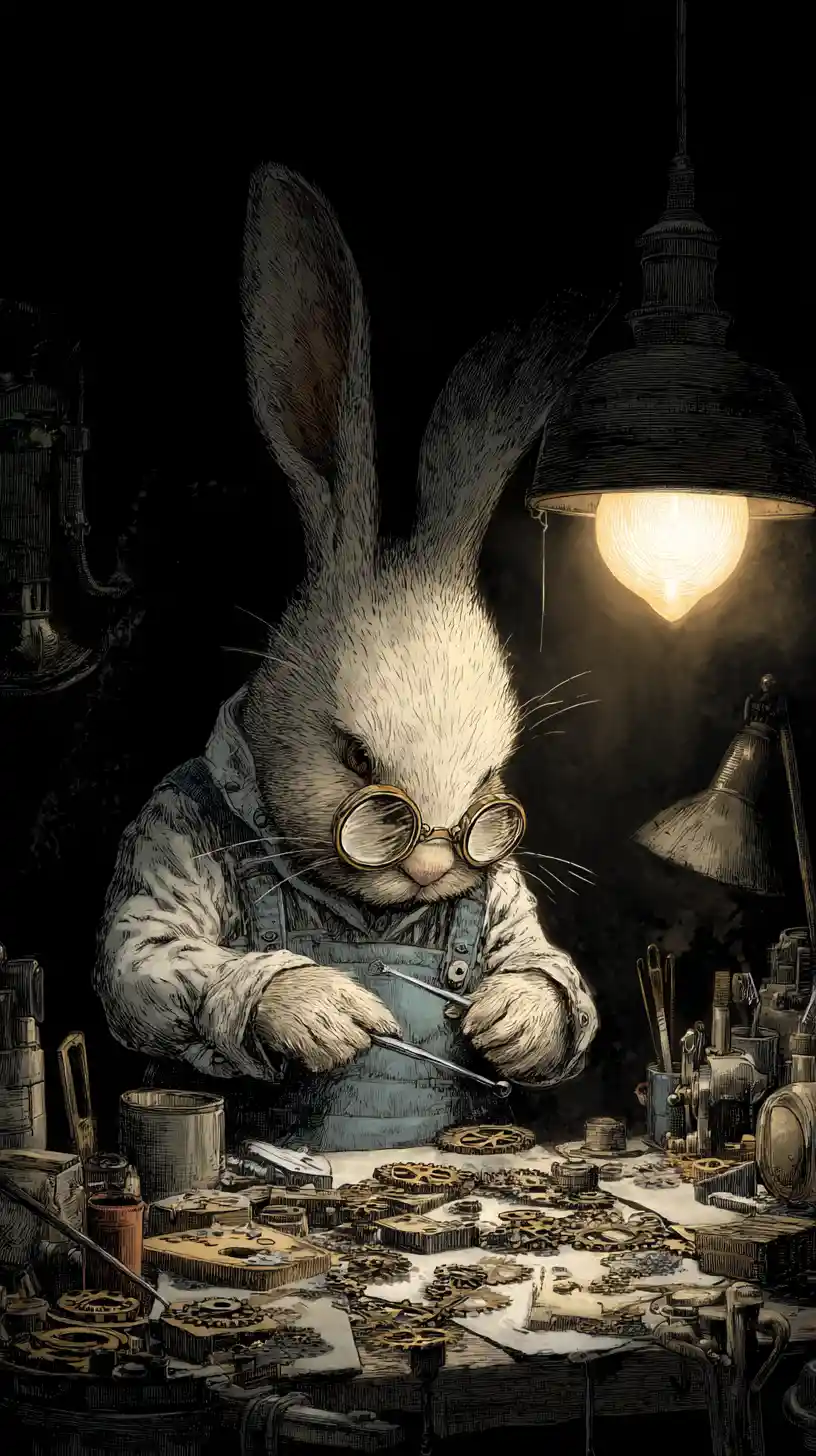 Horloger lapin anthropomorphe dans un atelier calme éclairé à la lampe