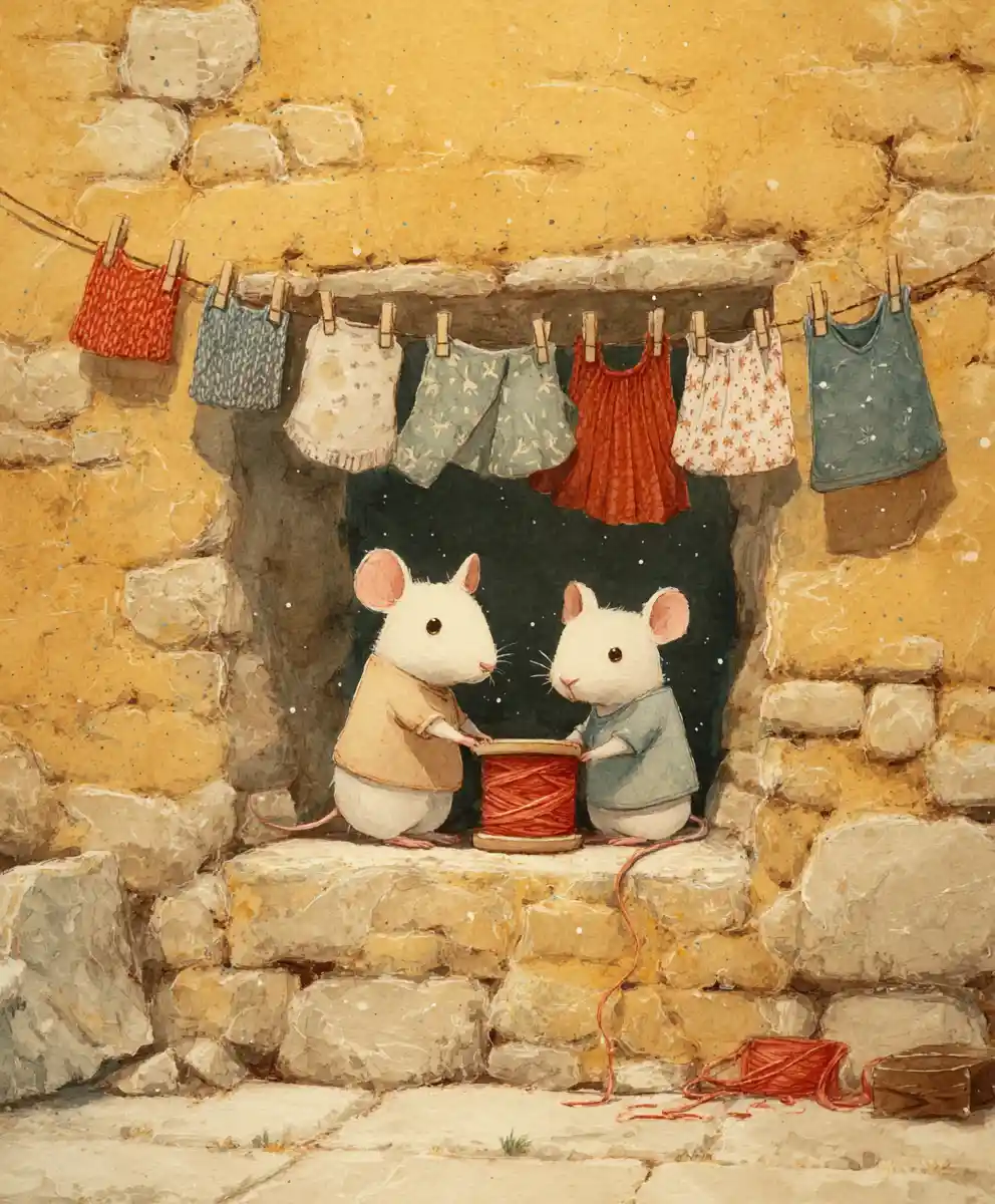 Deux petites souris étendent le linge dans une maison douillette