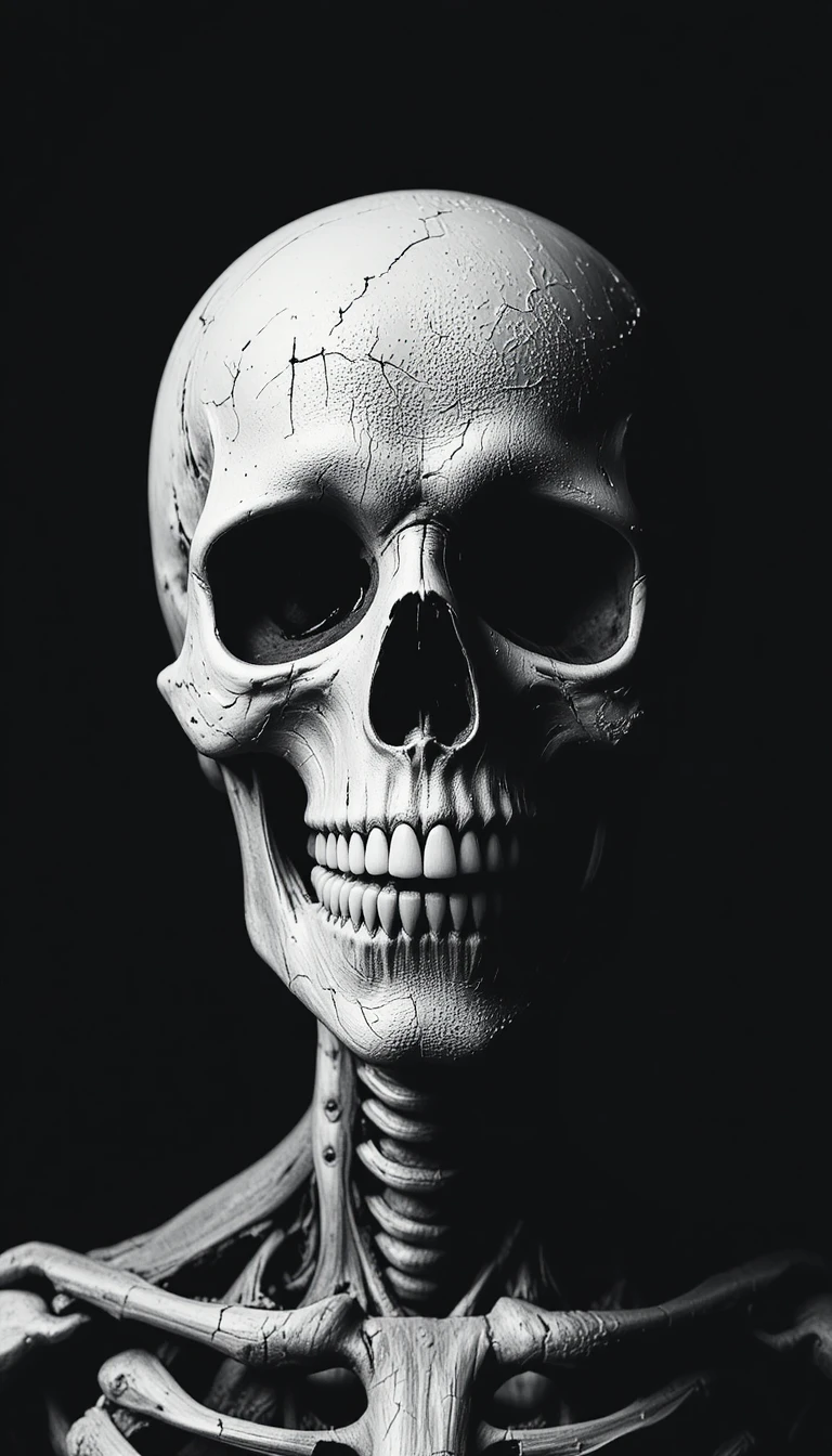 Illustration minimaliste de crâne en noir et blanc au mood gothique et inquiétant