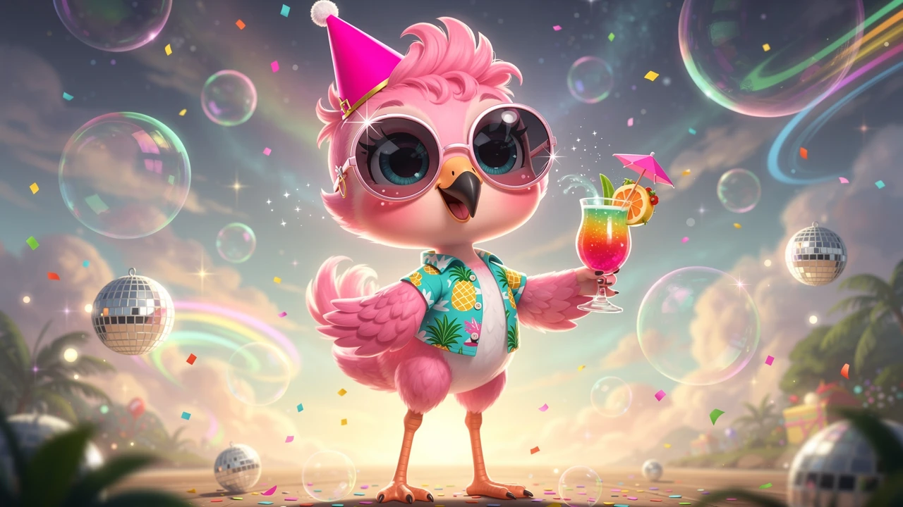 Fofo flamingo chibi de óculos de sol em uma festa tropical