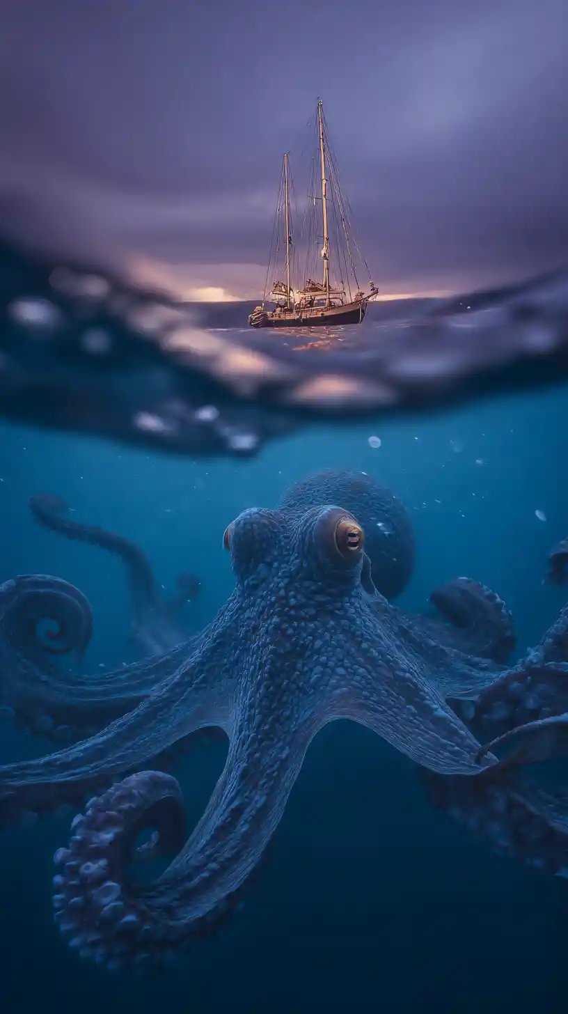 Unterwasseransicht eines Segelboots über einem riesigen Oktopus