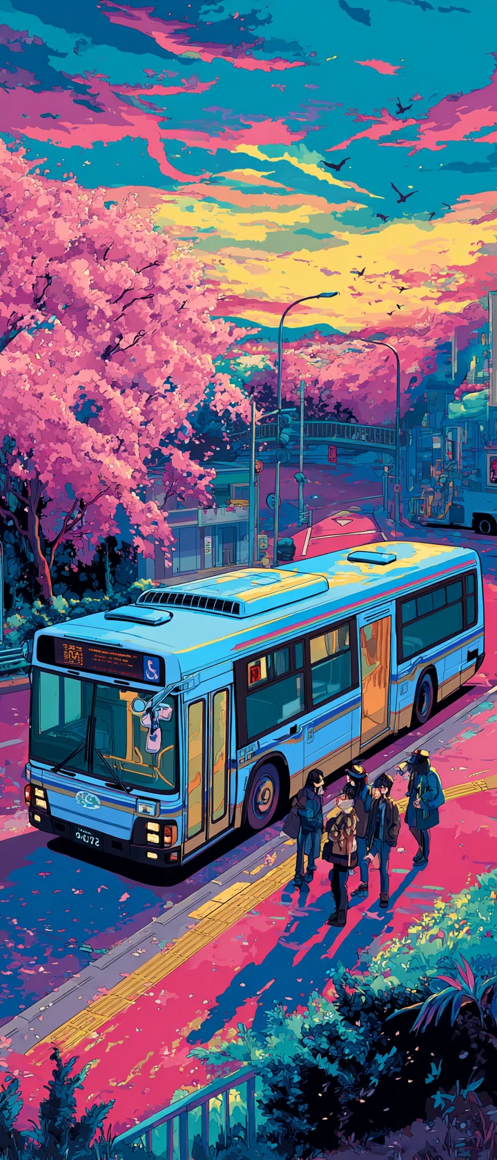 Ilustração colorida de ônibus em uma rua movimentada de Nova York