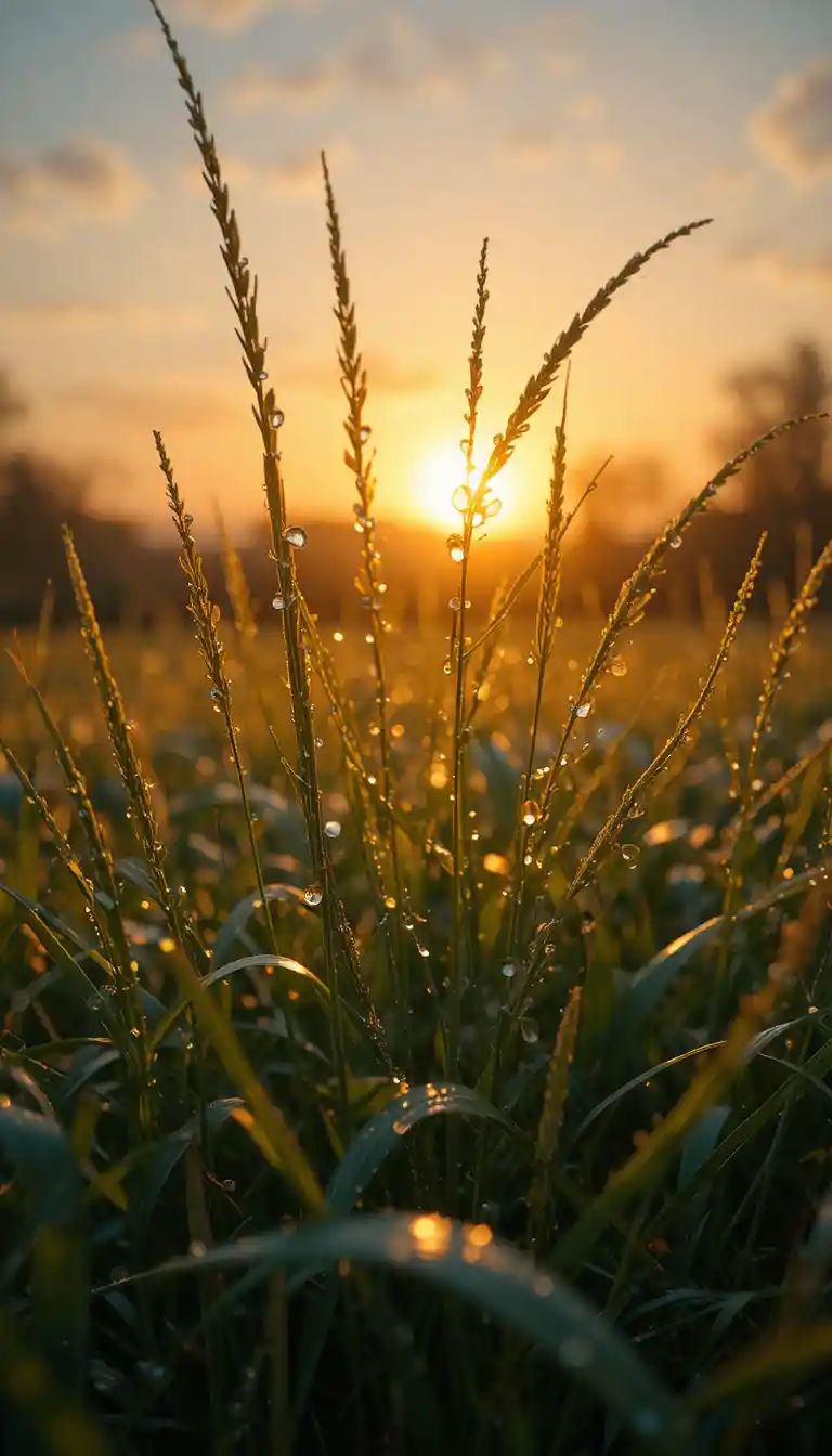 Dew covered grass blades glowing in warm sunset light