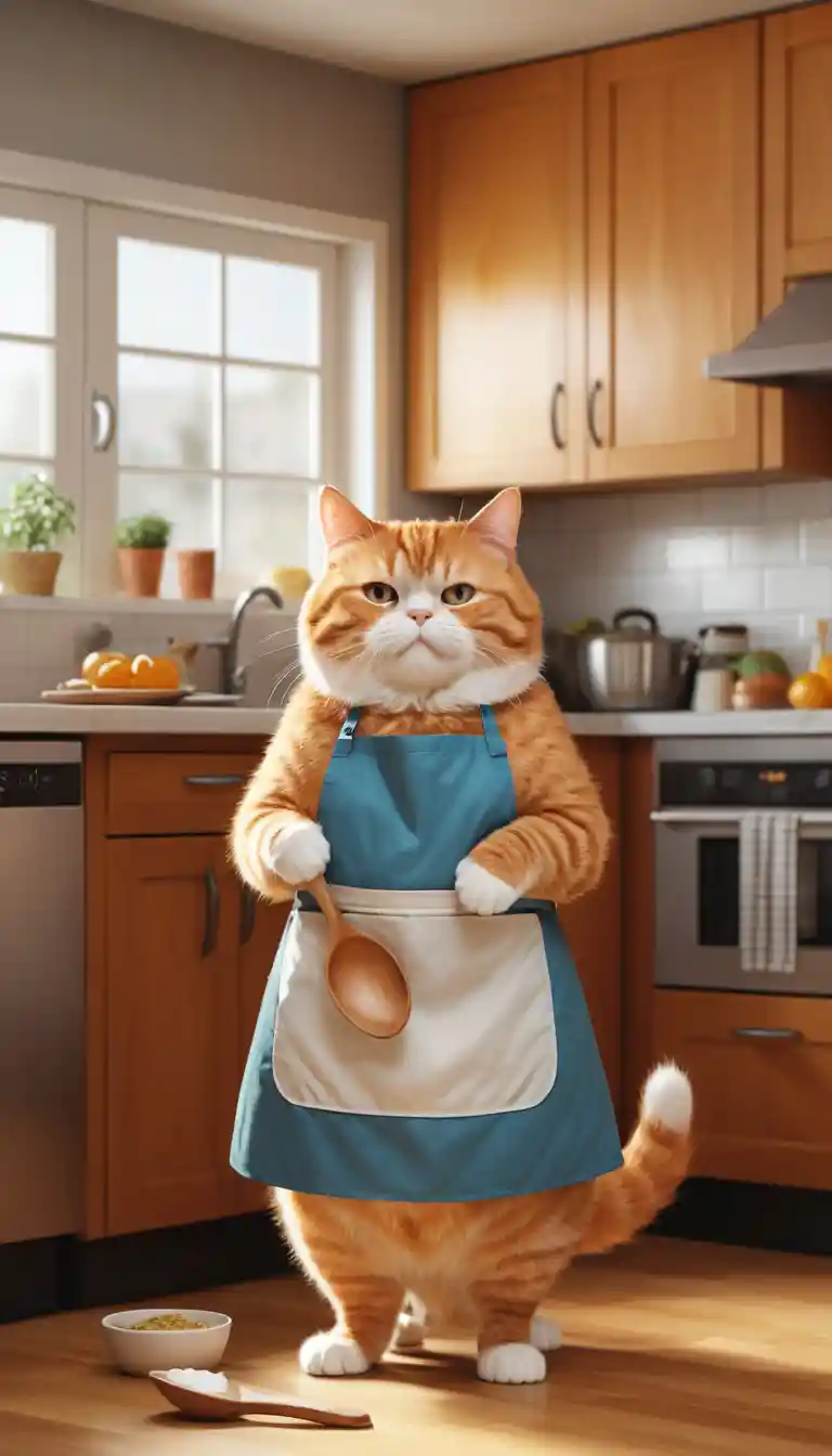 Gato laranja gordinho cozinhando em uma cozinha moderna e aconchegante