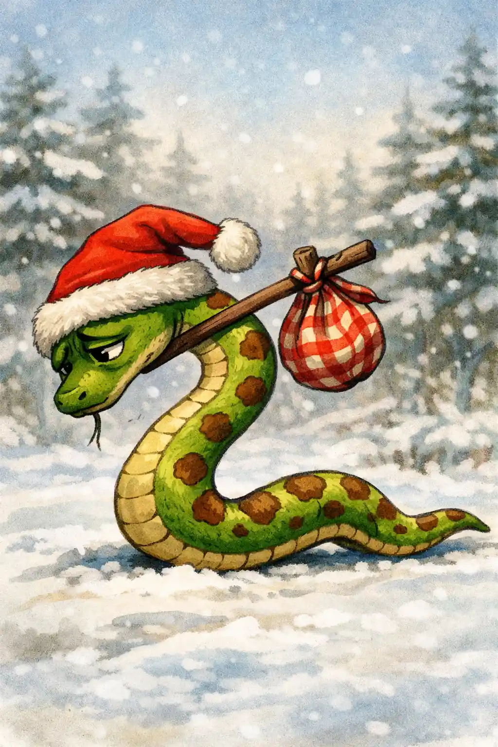 戴著聖誕帽的憂鬱綠色蛇在雪地森林中