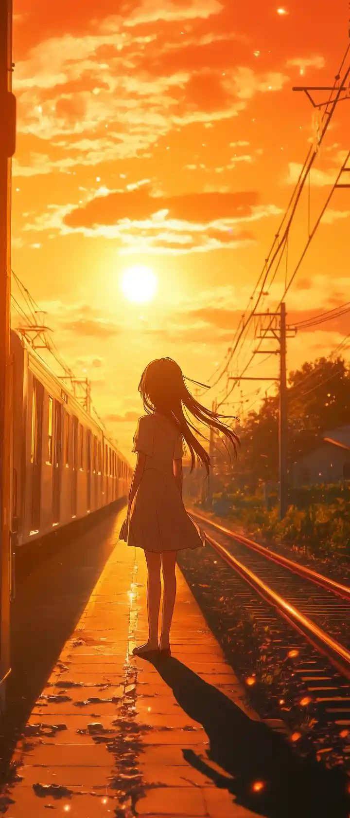 Teenage girl on empty platform at sunset train departure