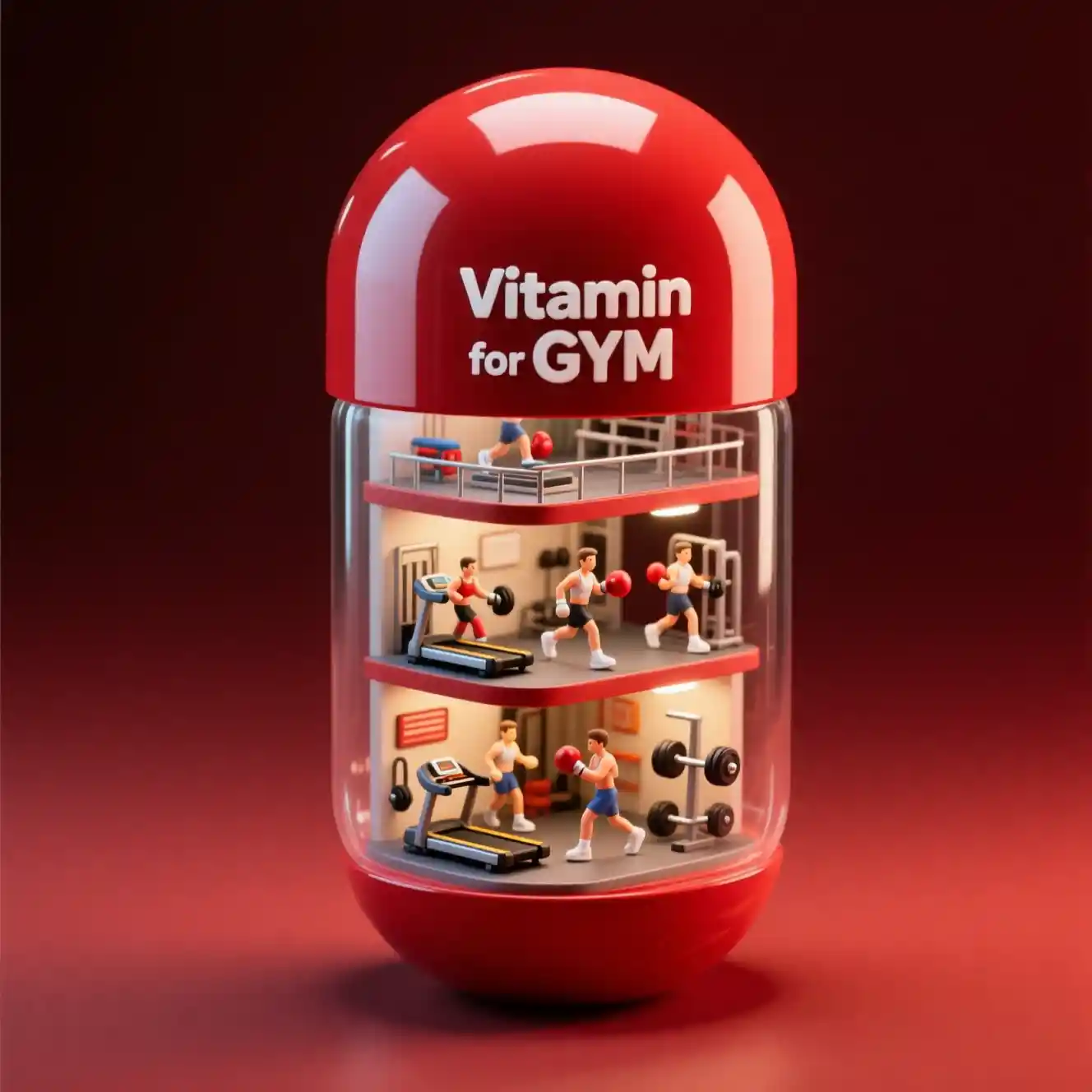 Rotes Vitaminkapsel-Fitnessstudio-Diorama in 3D-Rendering