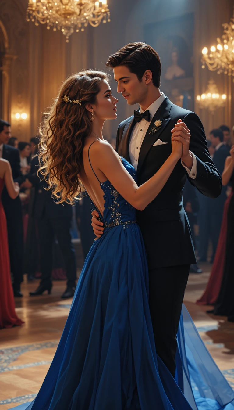 Coppia elegante che danza con abito blu in un grande salone da ballo