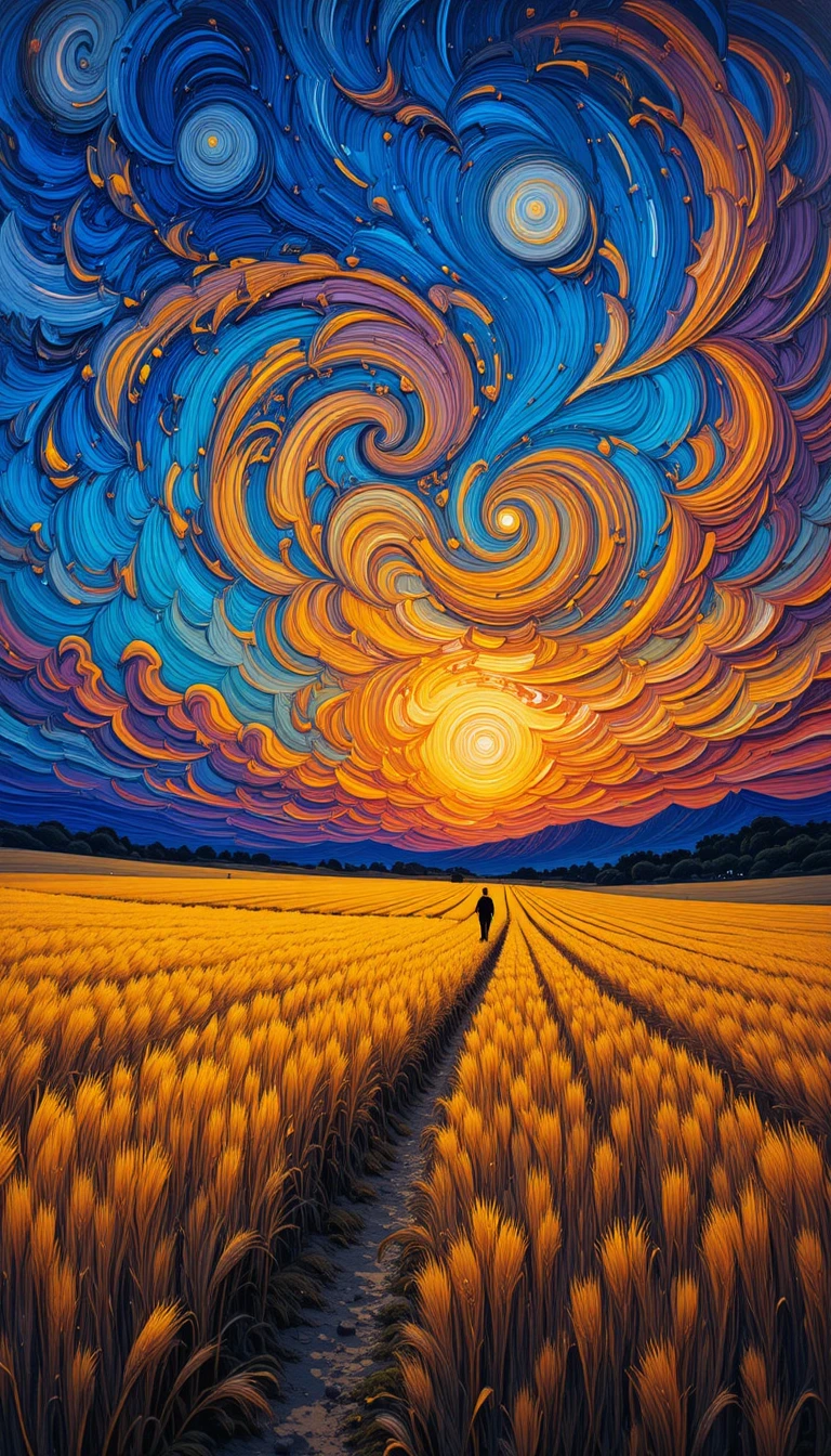 Golden wheat field under a swirling dramatic sunset sky