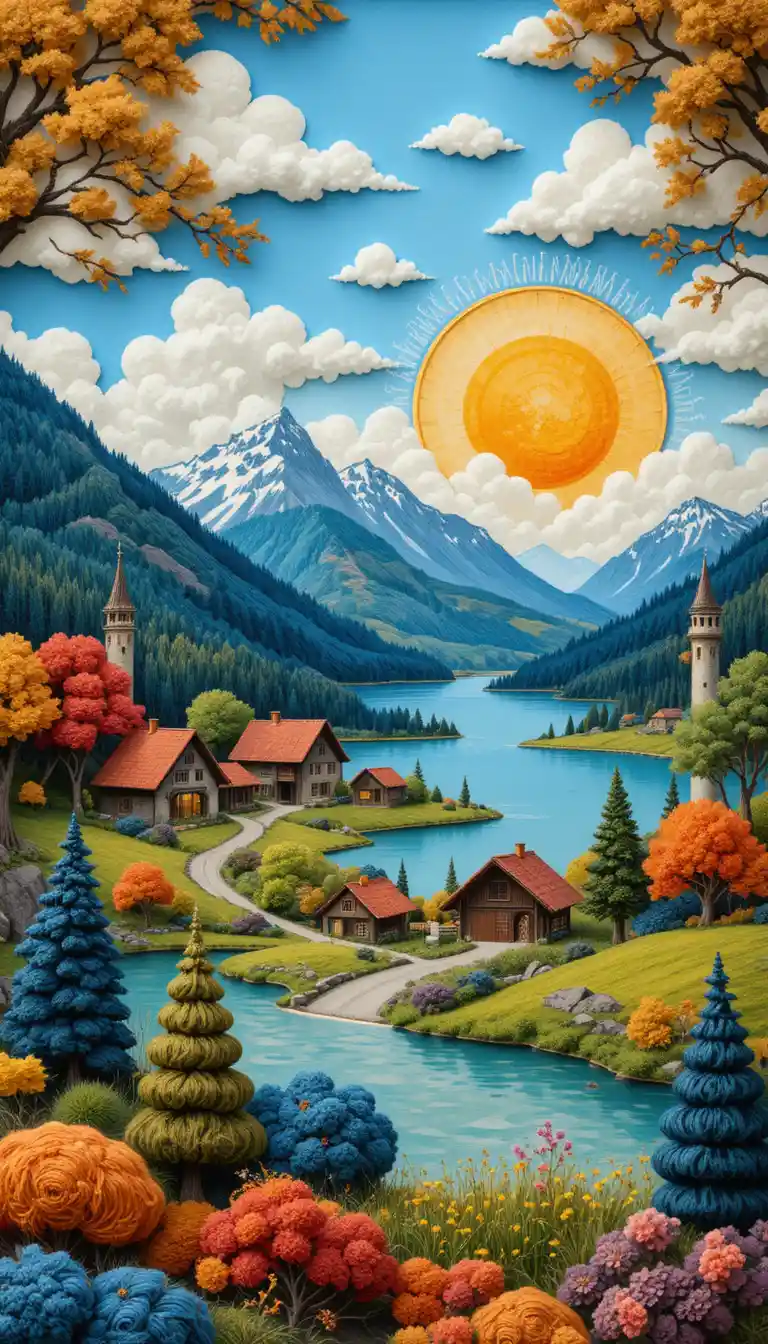 Paysage de village de montagne suisse brodé en laine colorée