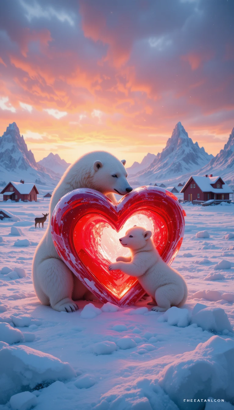 Mamãe urso-polar e filhote abraçando uma escultura de gelo em forma de coração vermelho