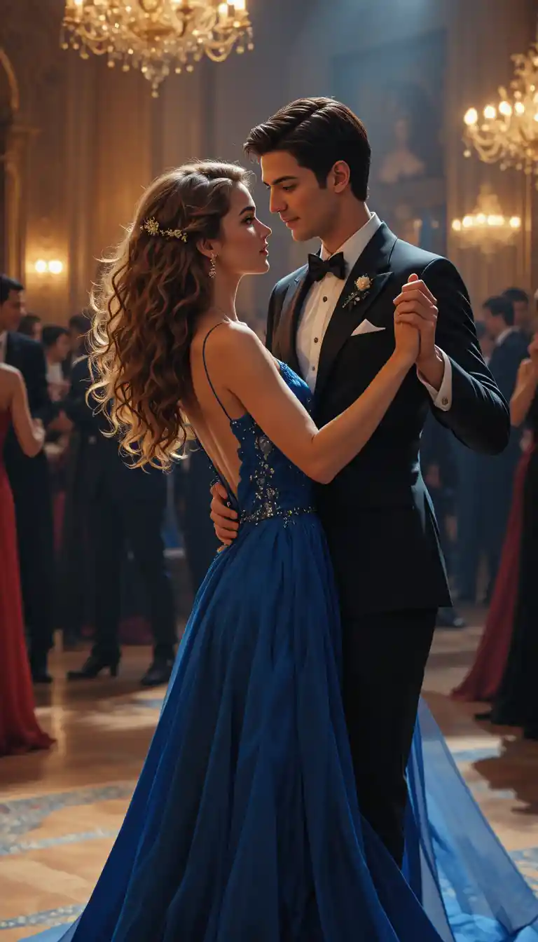 Coppia elegante che danza con abito blu in un grande salone da ballo