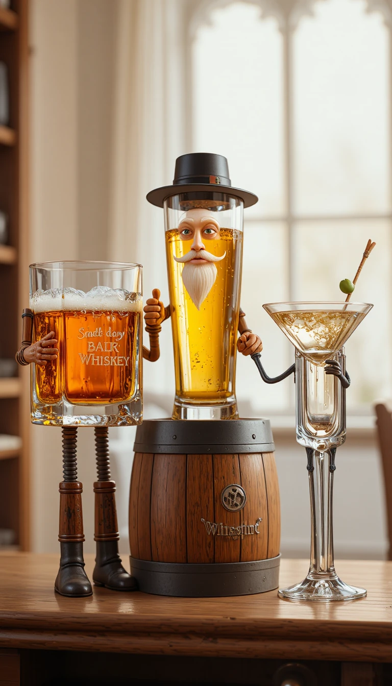 Anthropomorphic drink glasses gathered at a wooden bar
