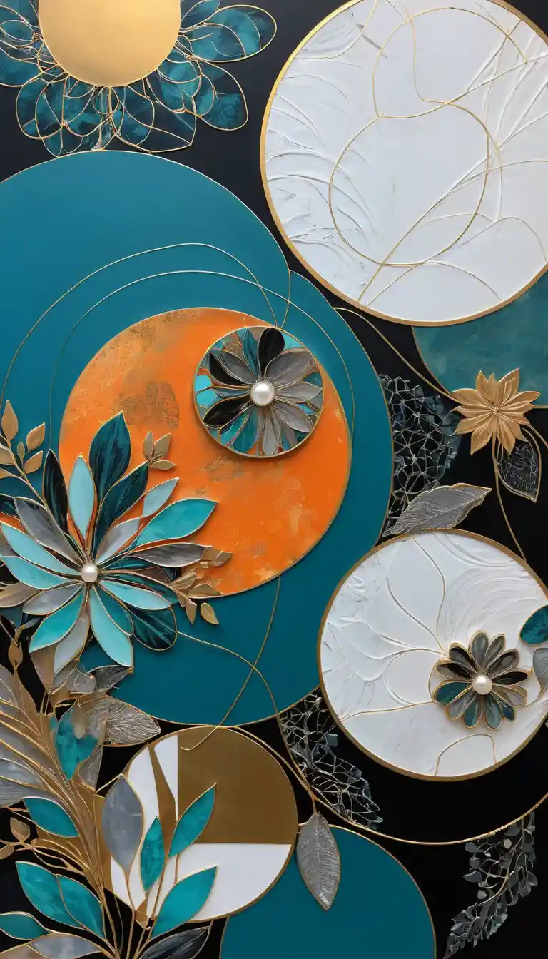 Abstract botanical and geometric mixed media painting